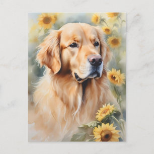 Carte Postale Peinture aquarelle Golden Retriever et tournesol