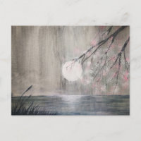peinture aquarelle lune asiatique et fleurs de cer