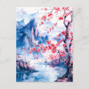 Carte Postale Peinture aquarelle montagne chinoise sakura