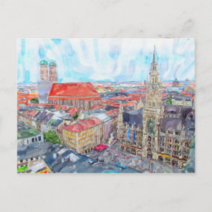 Carte Postale Peinture aquarelle munich Marienplatz. Vue aérienn