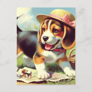 Carte Postale Peinture Beagle sur chiot