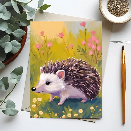 Carte Postale Peinture d'animal de champ floral de hérisson