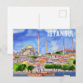 Carte Postale Peinture d'aquarelle de la mosquée Istanbul Turqui (Devant / Derrière)