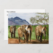 Carte Postale Peinture d'aquarelle des éléphants africains (Devant / Derrière)