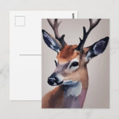 Carte Postale Peinture d'aquarelle Wild Deer Portrait, Cerf (Devant / Derrière)