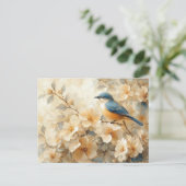 Carte Postale Peinture d'arbre en fleurs d'oiseaux bleus (Debout devant)