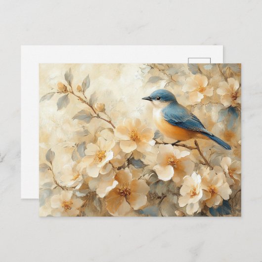 Carte Postale Peinture d'arbre en fleurs d'oiseaux bleus (Devant / Derrière)