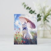 Carte Postale Peinture de chat blanc avec parasol dans le champ  (Debout devant)