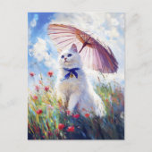 Carte Postale Peinture de chat blanc avec parasol dans le champ  (Devant)