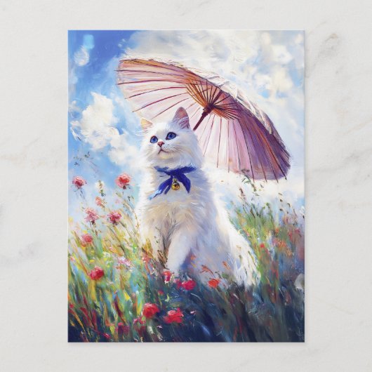 Carte Postale Peinture de chat blanc avec parasol dans le champ  (Devant)