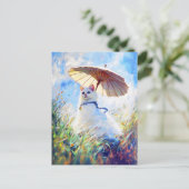 Carte Postale Peinture de chat blanc avec parasol dans le champ  (Debout devant)