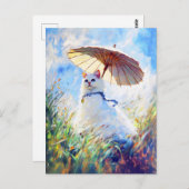 Carte Postale Peinture de chat blanc avec parasol dans le champ  (Devant / Derrière)