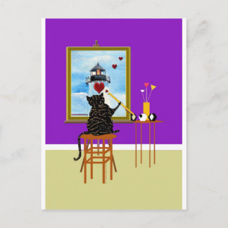 Carte Postale Peinture de chat Maison lumière + Coeurs