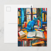 Carte Postale peinture de Chat parmi des livres ouverts (Devant / Derrière)