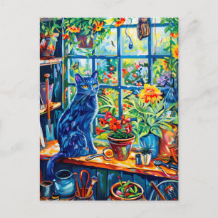 Carte Postale Peinture de chat sur le rebord de fenêtre de la ma