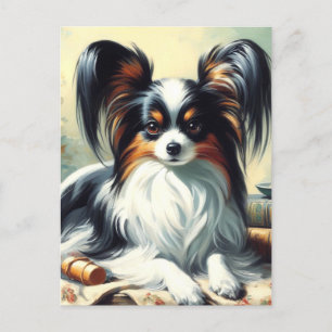 Carte Postale Peinture de chien Papillon vintage