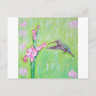 Carte Postale Peinture de colibri et de gladioli