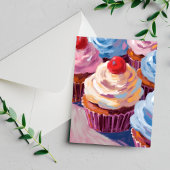 Carte Postale Peinture de cupcakes aux cerises Joyeux Anniversai