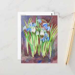 Carte Postale peinture de fleur bleue de scille de Sibérie au pr