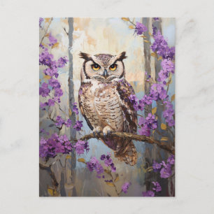 Carte Postale Peinture de fleurs pourpres perchées de hibou