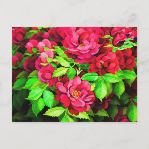 Carte Postale Peinture de fleurs rouges feuilles vertes