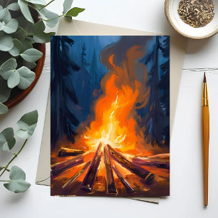 Carte Postale Peinture de forêt à l'aquarelle autour d'un feu de