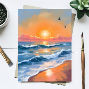 Carte Postale Peinture de plage à l'aquarelle du coucher de sole