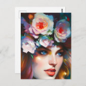 Carte Postale Peinture de portrait de femme florale (Devant / Derrière)