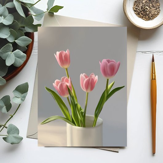 Carte Postale Peinture de réalisme de vase de tulipe rose