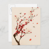 Carte Postale Peinture de style oriental, fleur de prune au prin (Devant / Derrière)