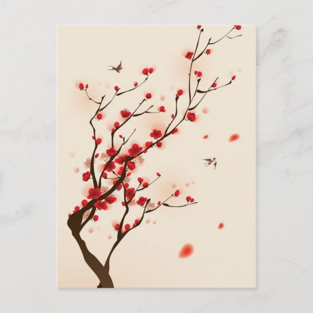 Carte Postale Peinture de style oriental, fleur de prune au prin (Devant)