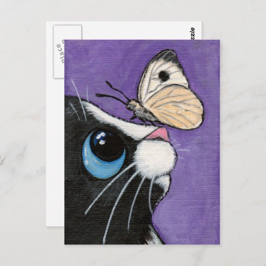 Carte Postale Peinture de Tuxedo Chat et Papillon blanc (Devant / Derrière)