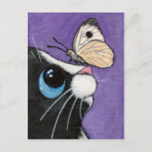 Carte Postale Peinture de Tuxedo Chat et Papillon blanc (Devant)