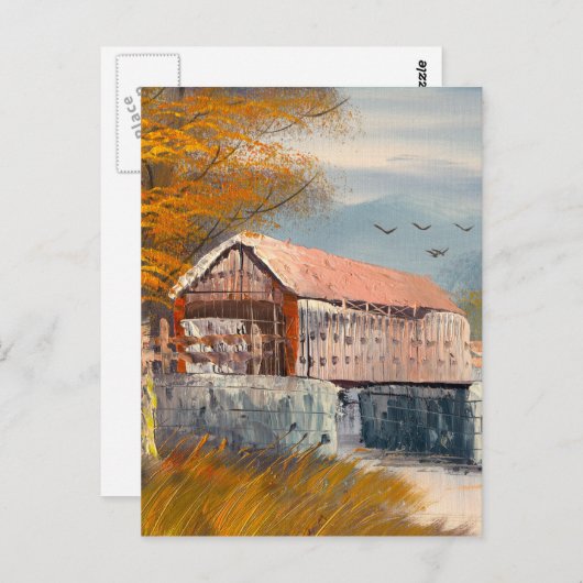 Carte Postale Peinture D'Un Ancien Pont Couvert De Pennsylvanie (Devant / Derrière)