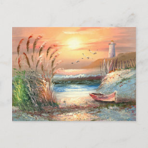 Carte Postale Peinture D'Un Bateau À Voie Baignée Près D'Un Phar