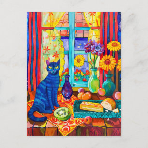 Carte Postale Peinture d'un chat sur la cuisine Table par fenêtr