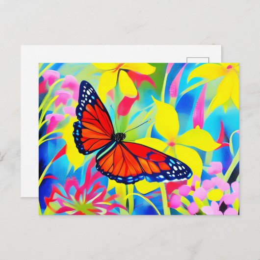 Carte Postale Peinture d'un papillon sur les fleurs (Devant / Derrière)