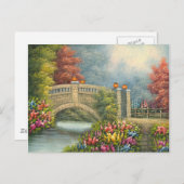 Carte Postale Peinture D'Un Pont De Marche Entouré De Fleurs (Devant / Derrière)