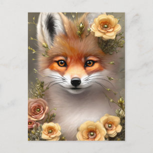 Carte Postale Peinture d'un Renard assis parmi les Fleurs
