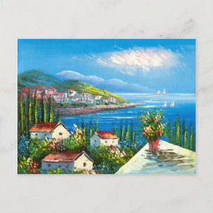 Carte Postale Peinture D'Un Village Méditerranéen En Bord De Mer