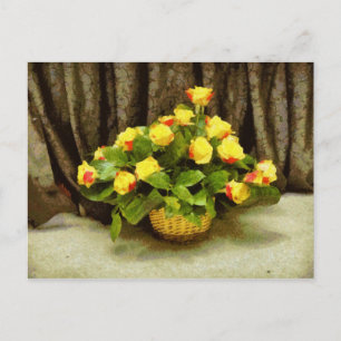 Carte Postale Peinture en panier de roses jaunes