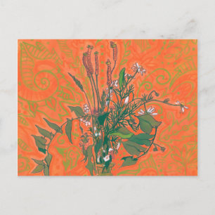 Carte Postale Peinture Florale Fleur sauvage d'été verte et oran