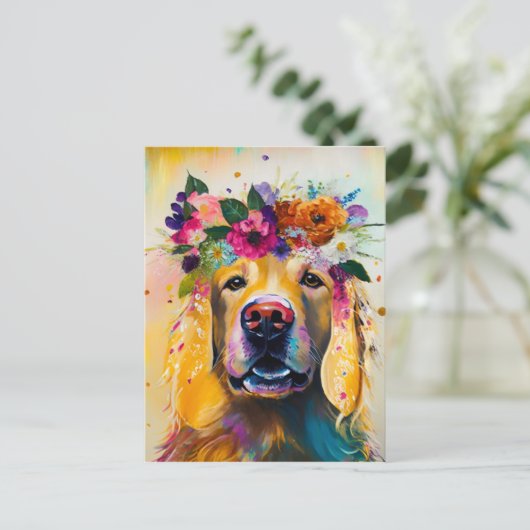 Carte Postale Peinture Florale Golden Retriever (Debout devant)