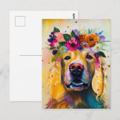 Carte Postale Peinture Florale Golden Retriever (Devant / Derrière)