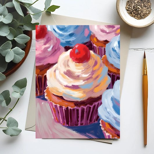 Carte Postale Peinture Joyeux Anniversaire Gâteaux aux Cerises