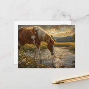 Carte Postale Peinture Jument Traversant le Ruisseau