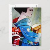 Carte Postale peinture originale d'aquarelle japonaise Geisha (Devant / Derrière)