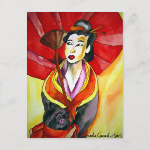 Carte Postale peinture originale d'aquarelle japonaise Geisha