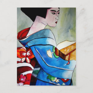 Carte Postale peinture originale d'aquarelle japonaise Geisha