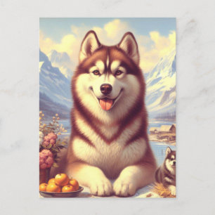 Carte Postale Peinture rétro Sibérienne Husky